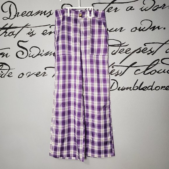 Purple Tartan Cropped High Waist Wide Leg Pants Trousers, 2 - Picture 1 of 8